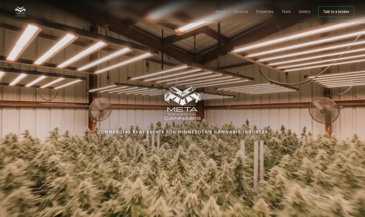 Meta Commercial Cannabis website — drone footage inside a cannabis cultivation facility